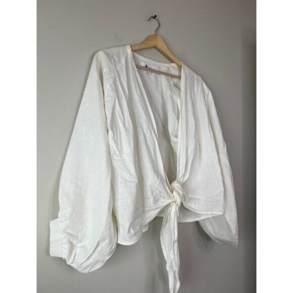 NEW Just Bee Queen Adri Tie Front V-Neck Banded Cuff Balloon Sleeve Top White - Picture 3 of 7